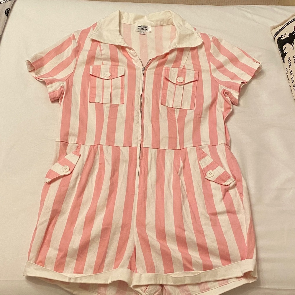 Unique Vintage Pink and White Striped Romper